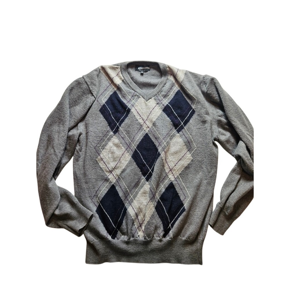 Marco Fiori Italy Mens  V-Neck Sweater 100% Extrafine Merino Wool Grey Argyle